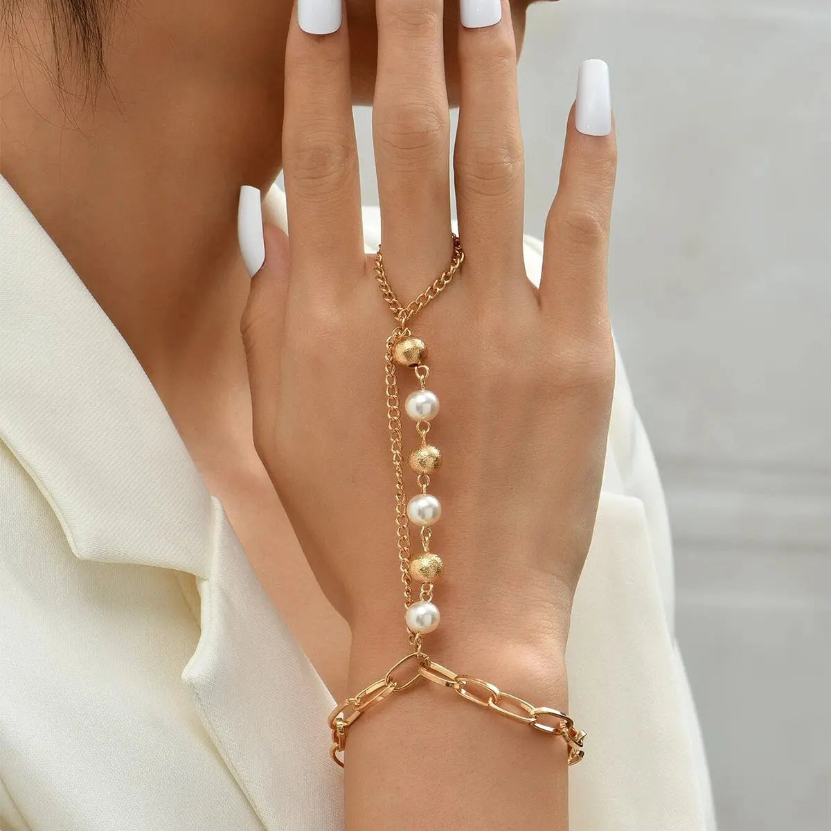 Elegant Gold Pearl Hand Chain Bracelet - Finger Ring Slave Bracelet for Women eprolo