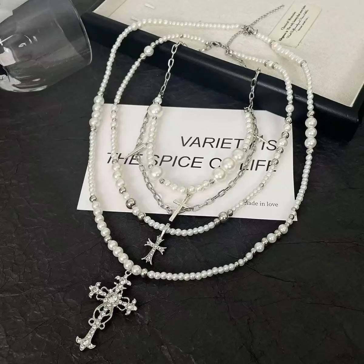 Gothic Pearl Cross Layered Choker Necklace Pretty in Pearls