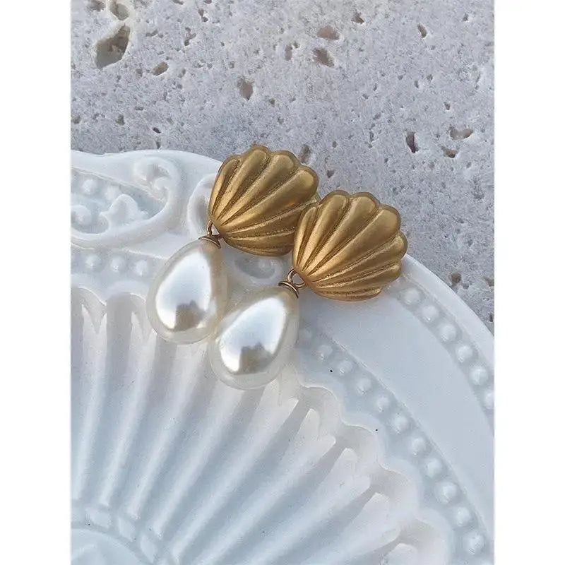 Vintage Pearl Dangle Earrings Gold - Shell Drop Earrings eprolo