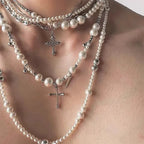 Layered Pearl & Cross Pendant Necklace for Women | Multi-Strand Clavicle Chain Pretty in Pearls