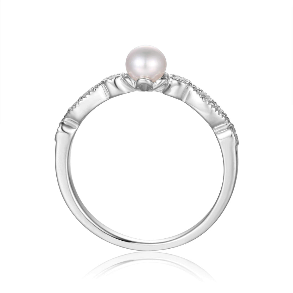 Rhodium Plated Sterling Silver Pearl Round Solitaire Ring
