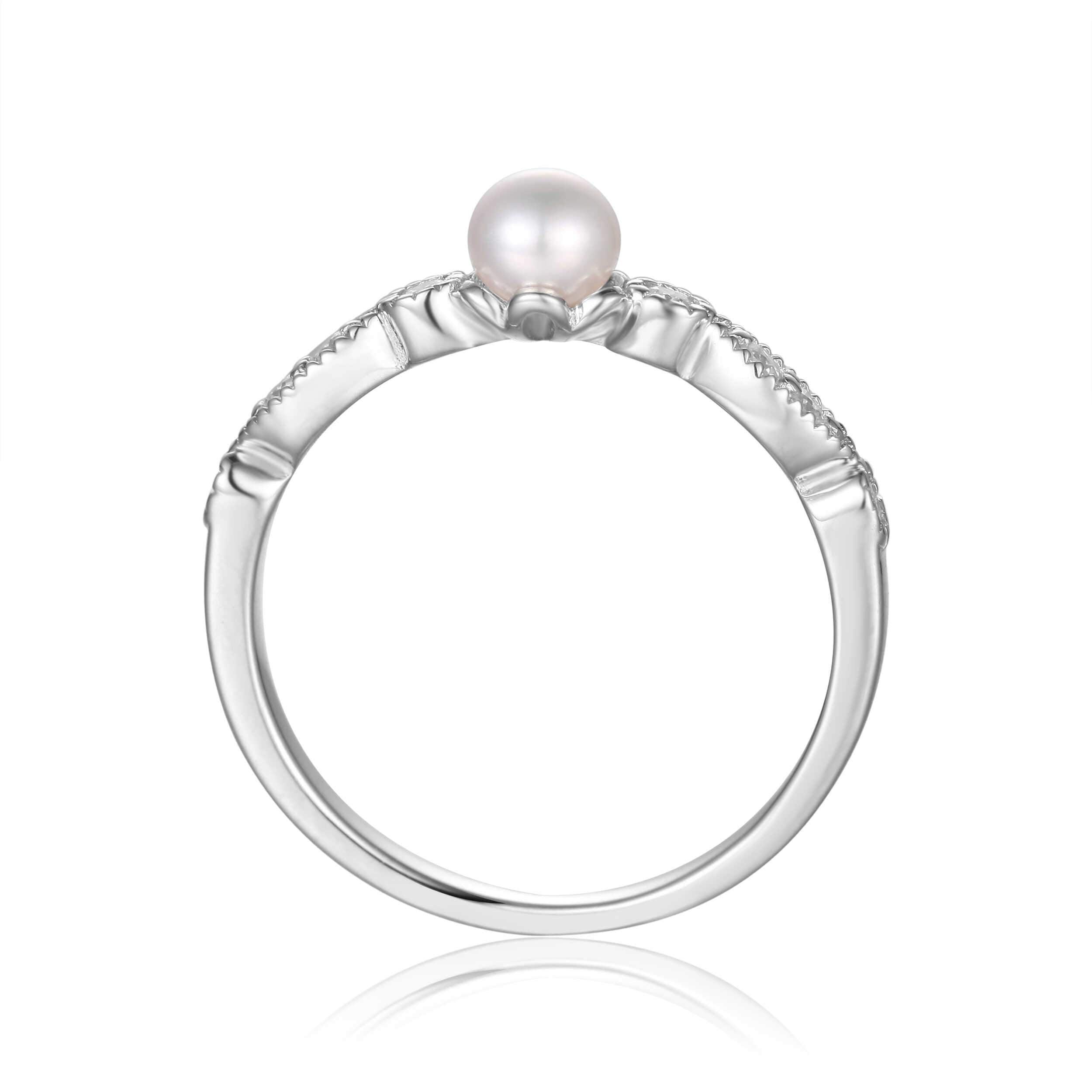Rhodium Plated Sterling Silver Pearl Round Solitaire Ring