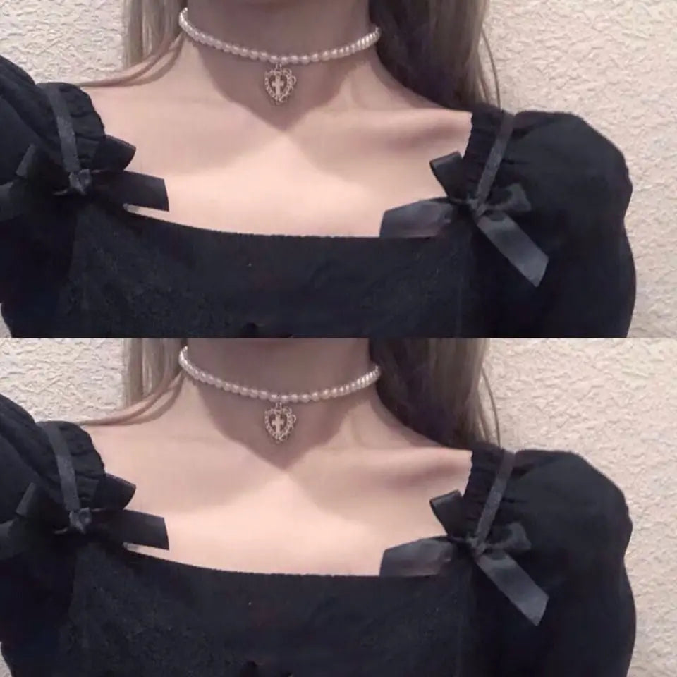 Gothic Pearl Choker Necklace with Heart Cross Pendant eprolo
