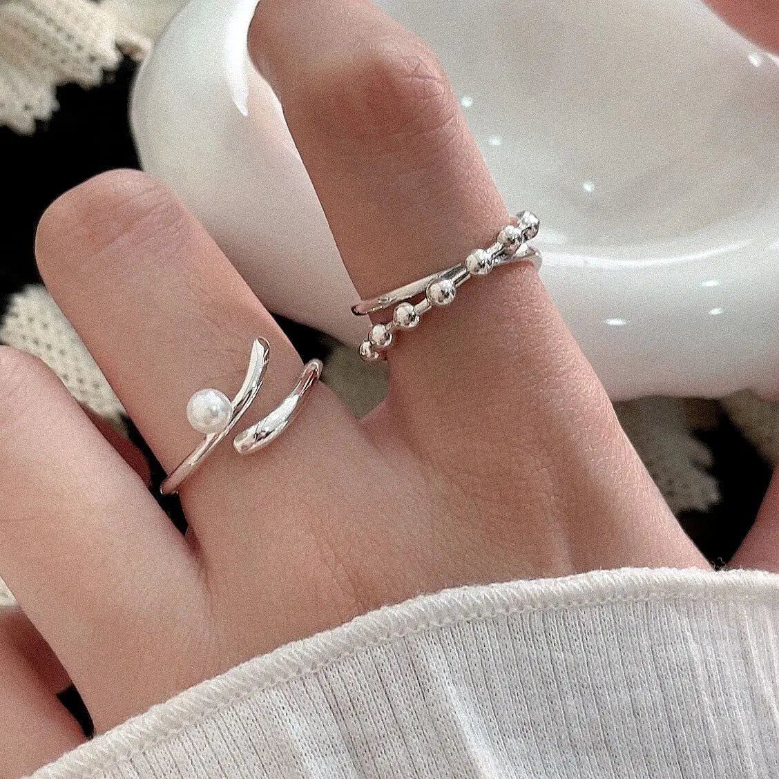 S925 Sterling Silver Pearl Ring Female Niche Design Fashion Simple Index Finger Ring Personality Light Luxury Jewelry eprolo