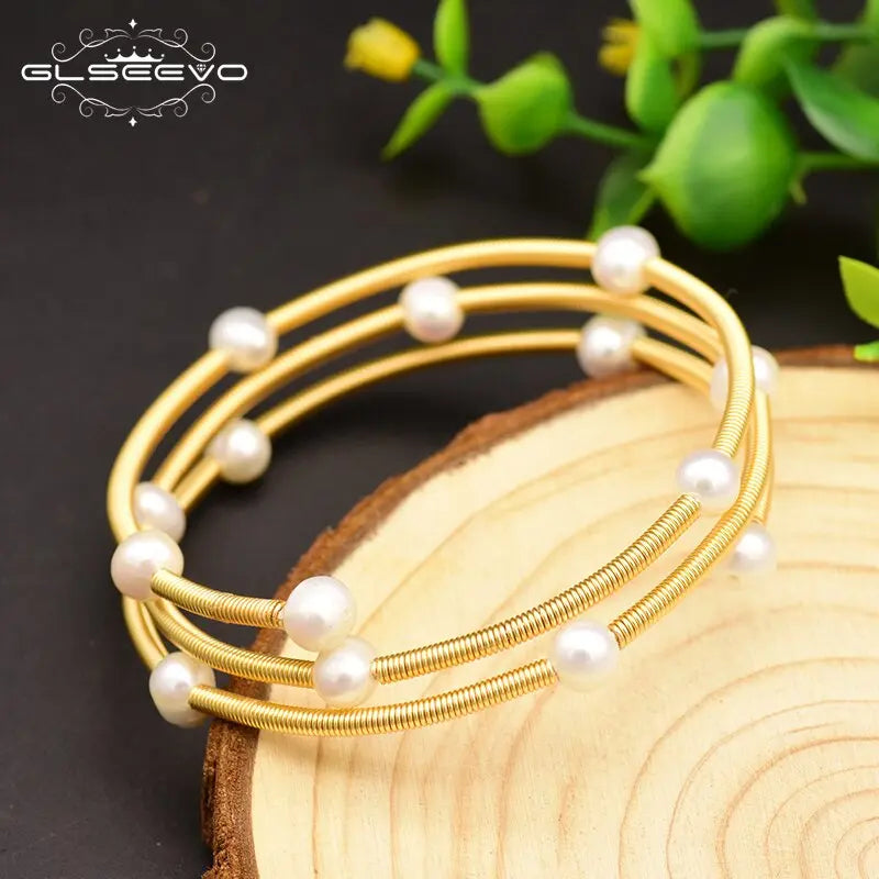 Freshwater Pearl Bangle Bracelet for Women | Handcrafted Multi-Layer Adjustable Sterling Silver eprolo