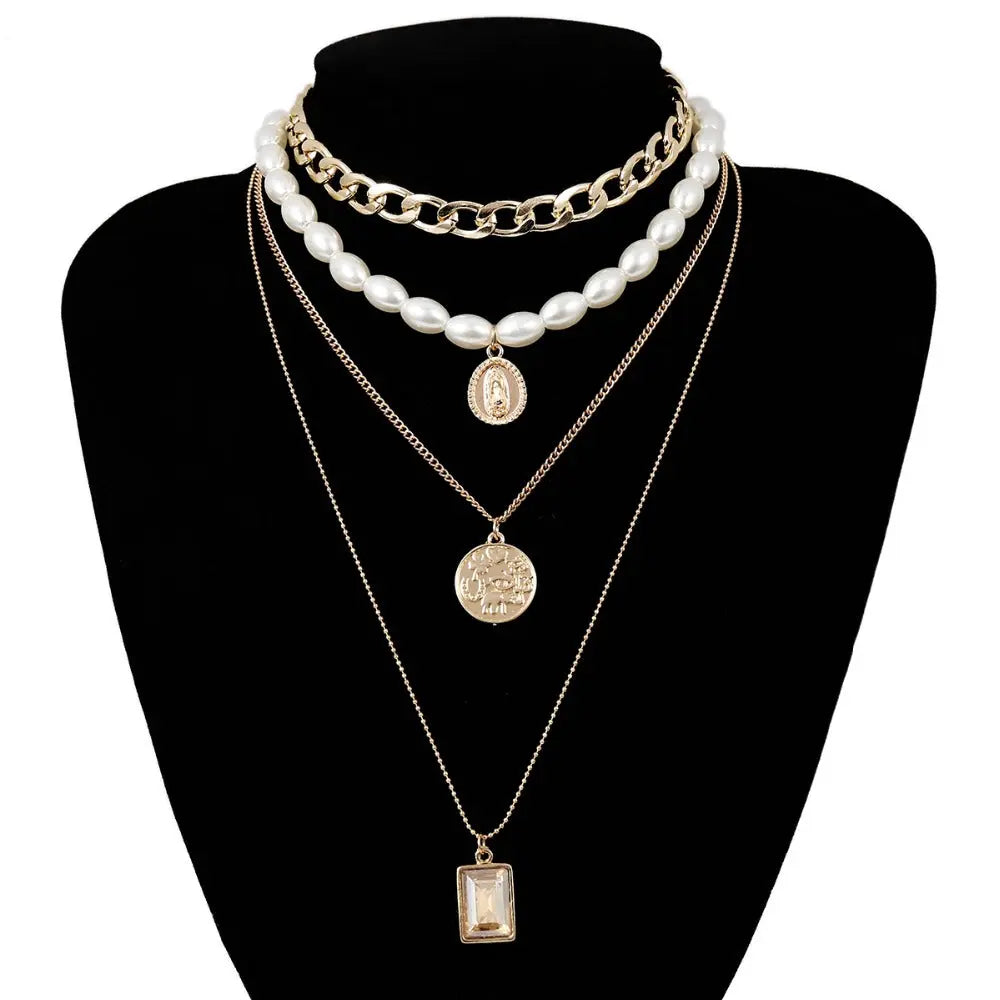 Gold Layered Pearl Choker & Coin Pendant Necklace Set eprolo