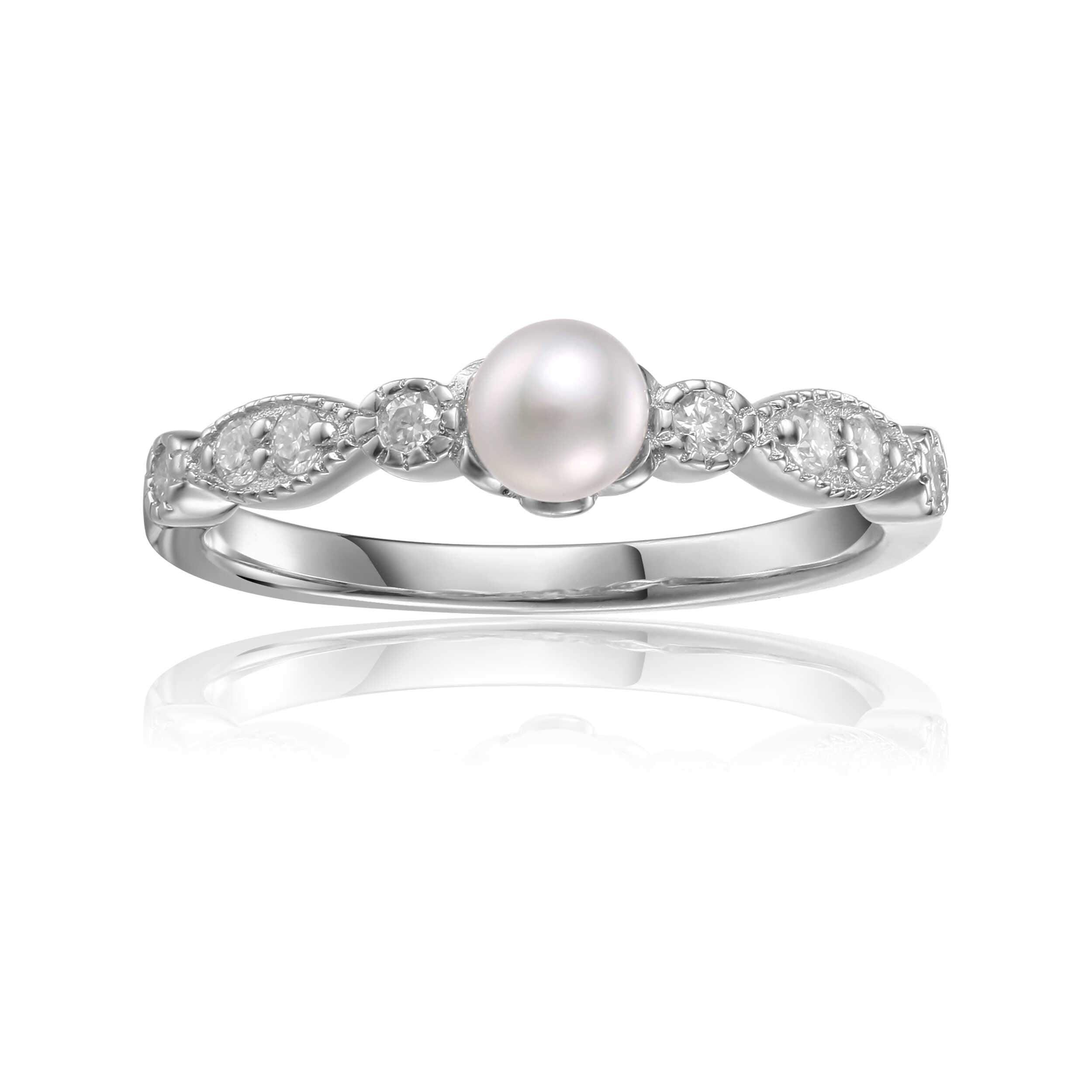 Rhodium Plated Sterling Silver Pearl Round Solitaire Ring