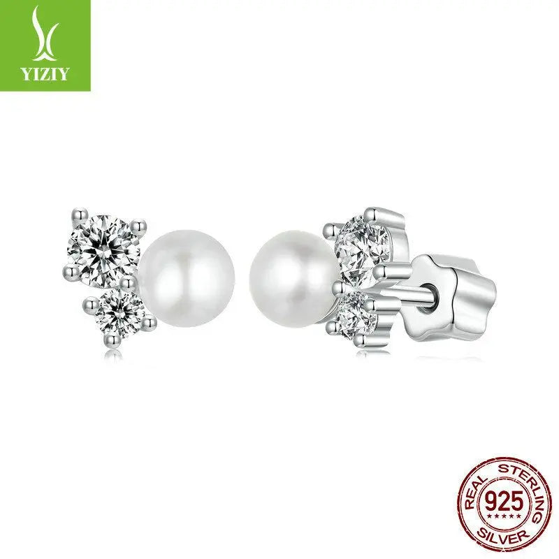S925 Sterling Silver Moissanite Pearl Stud Earrings with brand logo on white background