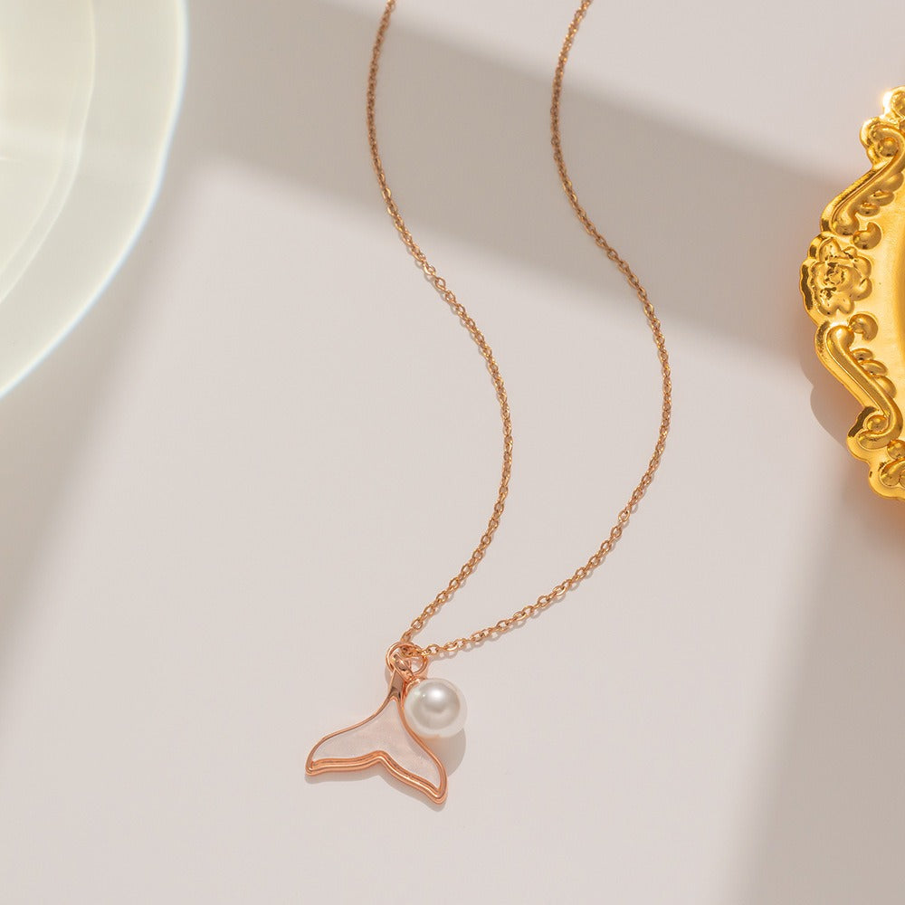 Rose Gold Fishtail Pearl Pendant Necklace with Lustrous Round Pearl Charm