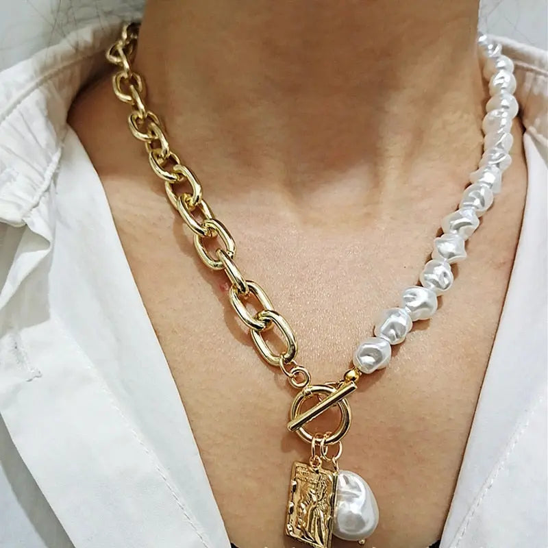 Asymmetric Baroque Pearl Toggle Necklace with Angel Pendant eprolo