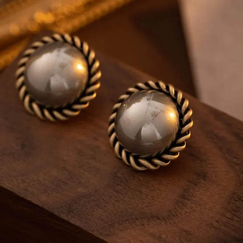 Vintage Round Brown Pearl Stud Earrings for Women | Timeless Copper Alloy Jewelry eprolo