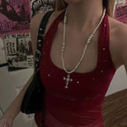 Gothic Pearl Cross Layered Choker Necklace Pretty in Pearls