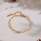 18K Gold Plated Paperclip Chain and Freshwater Pearl Bracelet close-up