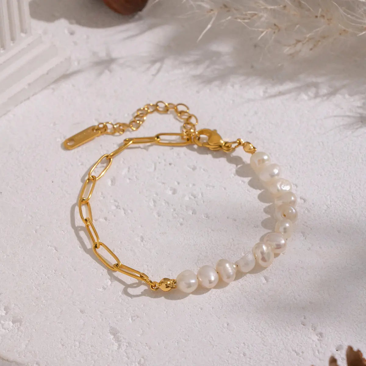 18K Gold Plated Paperclip Chain and Freshwater Pearl Bracelet close-up