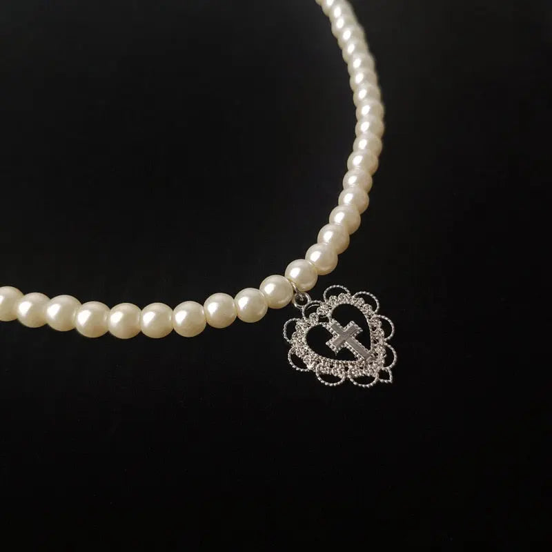Gothic Pearl Choker Necklace with Heart Cross Pendant eprolo