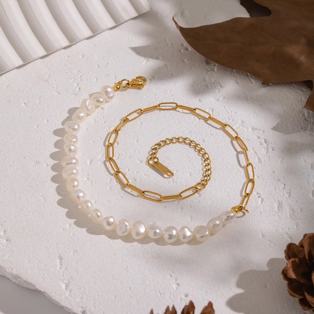 Asymmetrical Half Pearl Half Chain Necklace flat lay with autumn accents