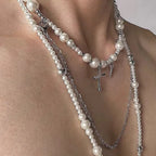 Layered Pearl & Cross Pendant Necklace for Women | Multi-Strand Clavicle Chain Pretty in Pearls