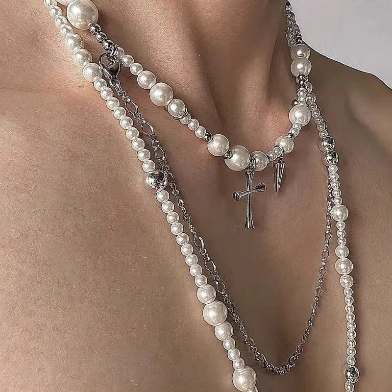 Layered Pearl & Cross Pendant Necklace for Women | Multi-Strand Clavicle Chain Pretty in Pearls