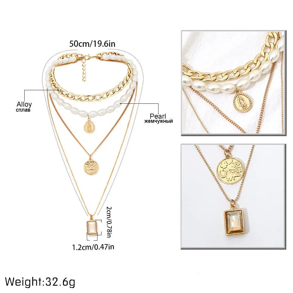 Gold Layered Pearl Choker & Coin Pendant Necklace Set eprolo