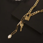 Baroque Pearl Toggle Lariat Necklace - Lock & Key Pendant (Gold-Tone) eprolo