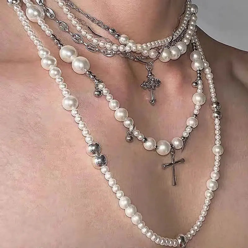 Layered Pearl & Cross Pendant Necklace for Women | Multi-Strand Clavicle Chain Pretty in Pearls