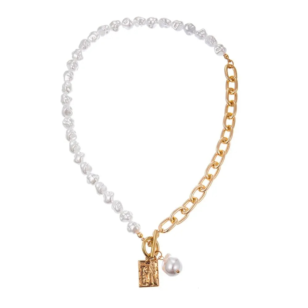 Asymmetric Baroque Pearl Toggle Necklace with Angel Pendant eprolo
