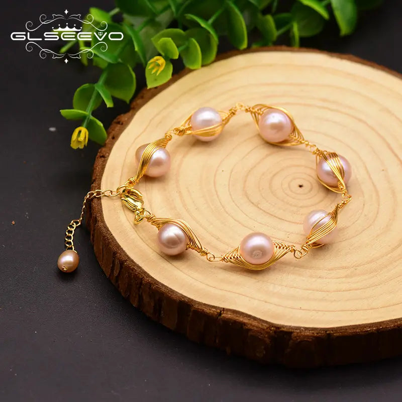 Handmade Pink Pearl Bracelet - Gold Wire Wrapped Freshwater Pearls for Women eprolo