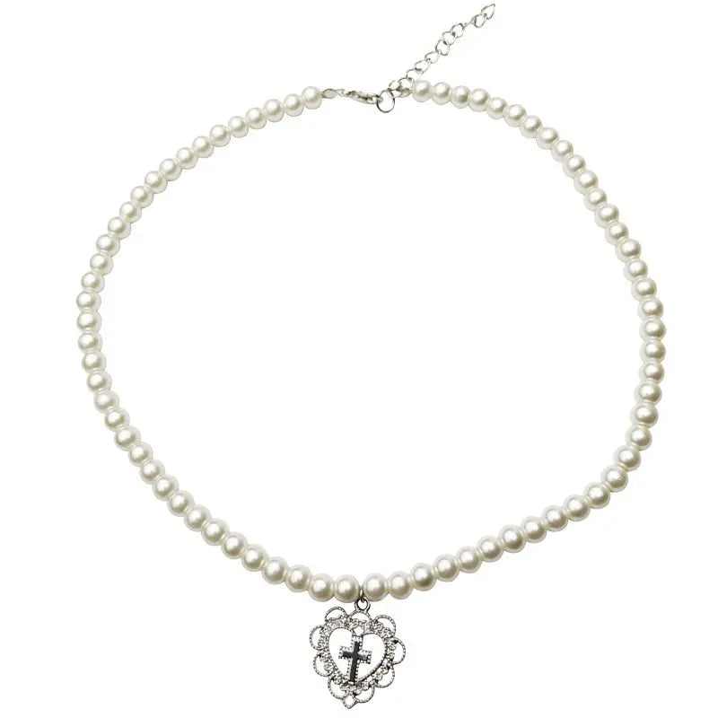 Gothic Pearl Choker Necklace with Heart Cross Pendant eprolo