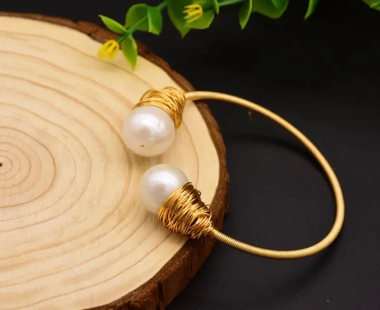 Handcrafted Freshwater Pearl Adjustable Wire Cuff Bangle eprolo