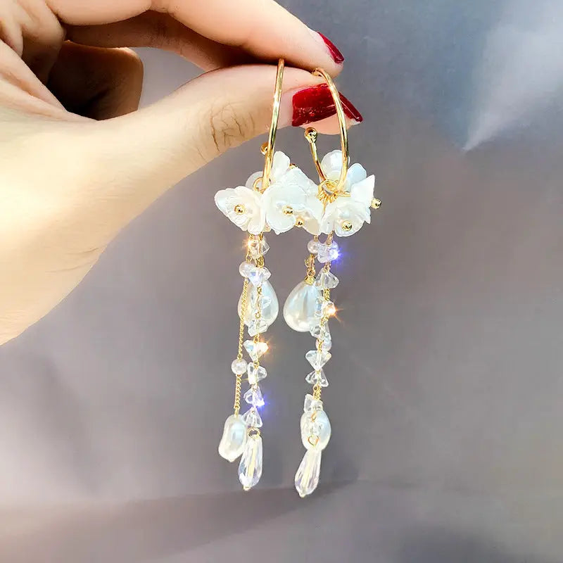 French Long Pearl Tassel Earrings - S925 Silver Needle Crystal Drop Earrings eprolo