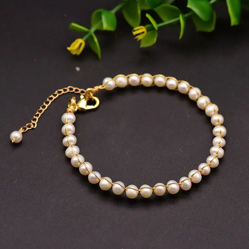 Natural Freshwater Pearl Adjustable Bracelet - Gold Wire Wrapped Jewelry eprolo
