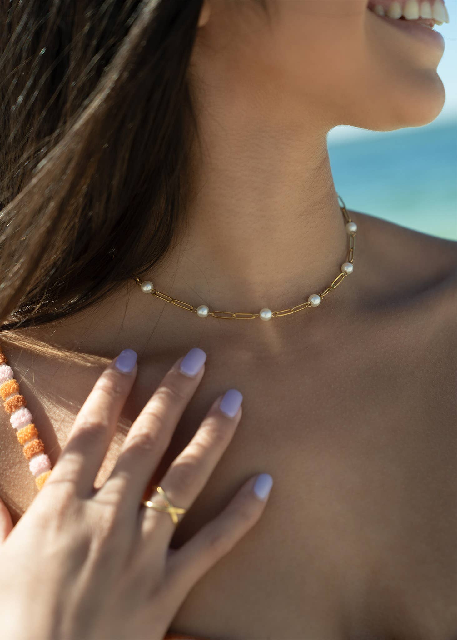18K Gold Pvd Steel Station Pearl Paperclip Chain Necklace