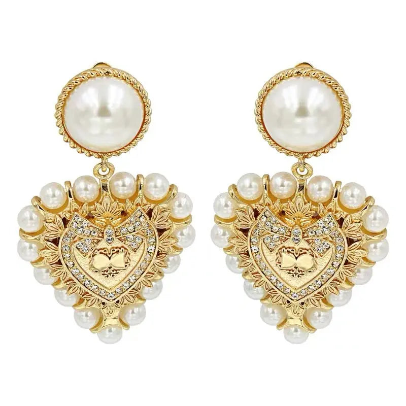 Baroque Pearl Heart Drop Earrings for Women | Gold Geometric Statement Earrings eprolo