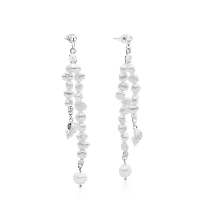 Silver-plated Baroque Freshwater Pearl Conch Drop Earrings on a clean white backdrop