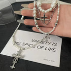 Gothic Pearl Cross Layered Choker Necklace Pretty in Pearls