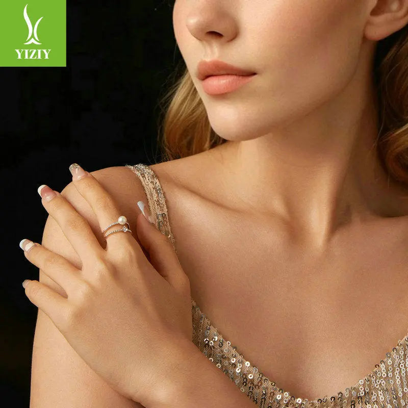 Lifestyle View of Elegant S925 Double-Layer Silver Ring with Pearl and Moissanite