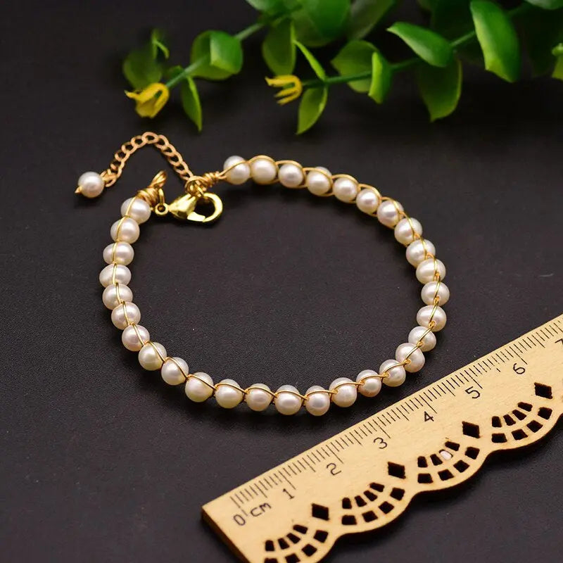 Natural Freshwater Pearl Adjustable Bracelet - Gold Wire Wrapped Jewelry eprolo