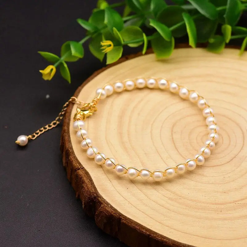 Natural Freshwater Pearl Adjustable Bracelet - Gold Wire Wrapped Jewelry eprolo