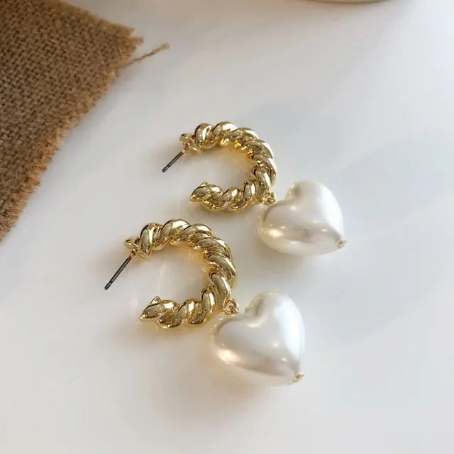 Baroque Pearl Heart Drop Earrings for Women | Gold Geometric Statement Earrings eprolo