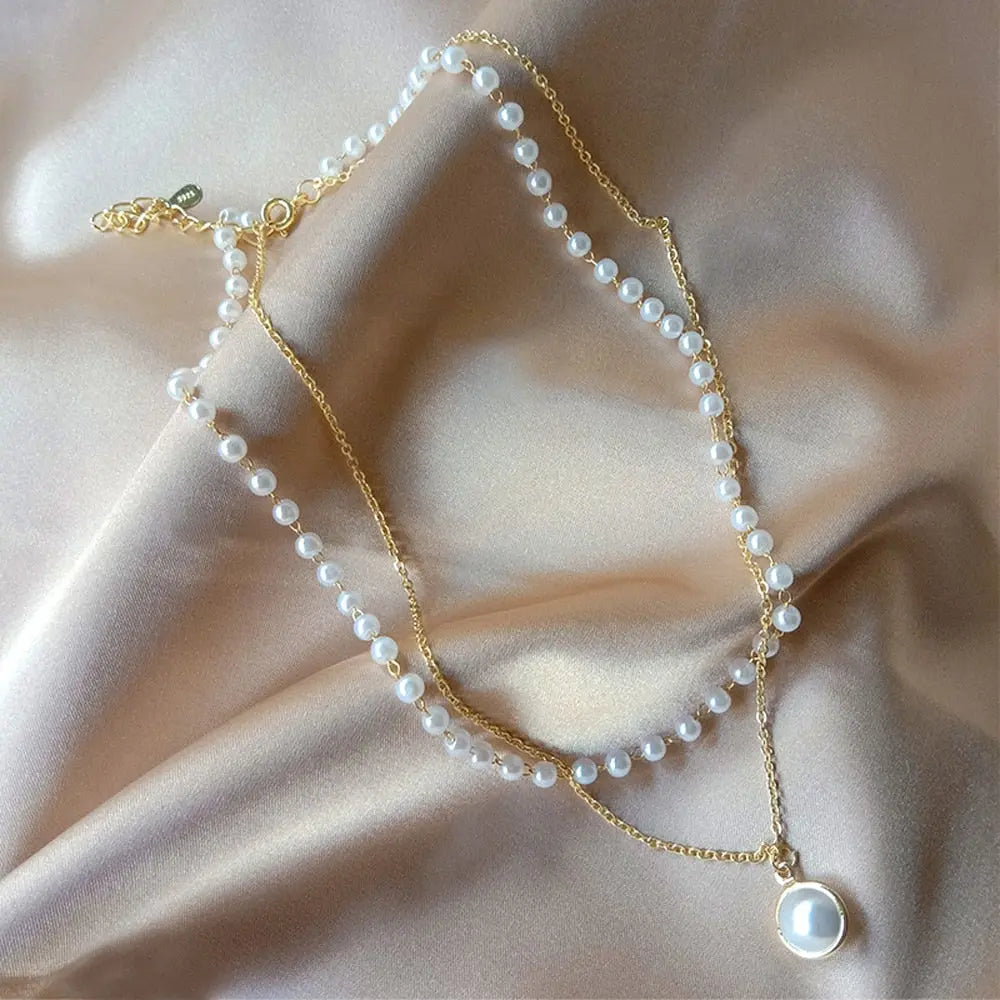 Double Layer Pearl Choker Necklace with Pendant | Effortless Stacked Pearl Jewelry eprolo