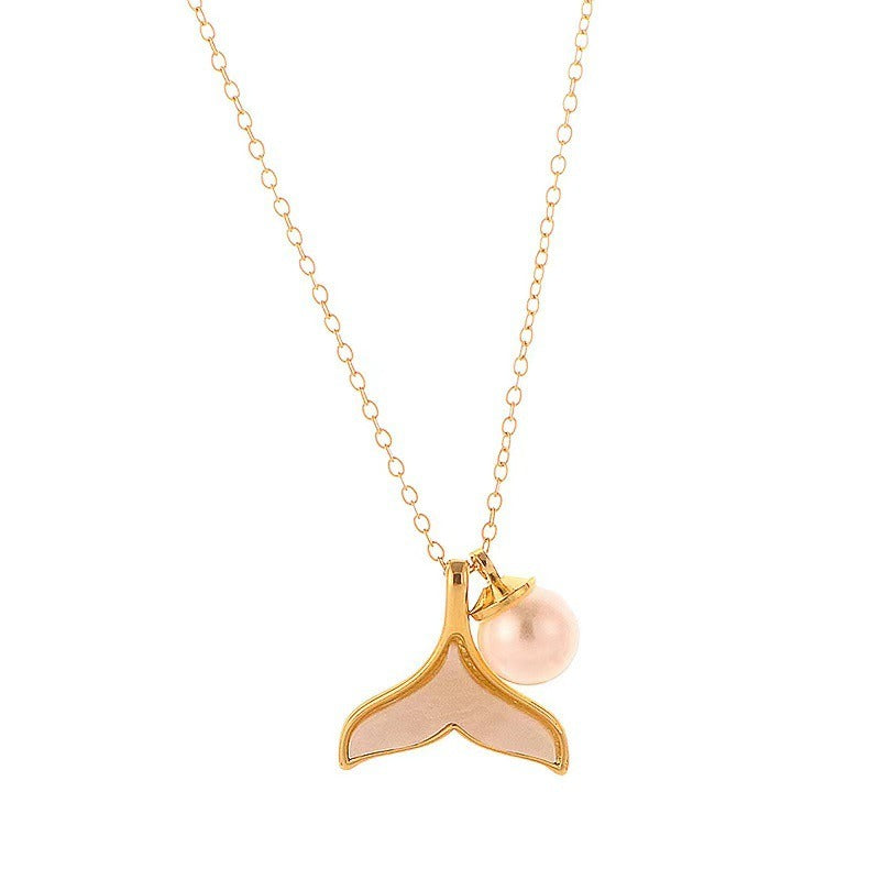 Gold Fishtail Pearl Pendant Necklace with Soft Pink Inlay and Round Pearl Accent