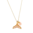 Gold Fishtail Pearl Pendant Necklace with Soft Pink Inlay and Round Pearl Accent