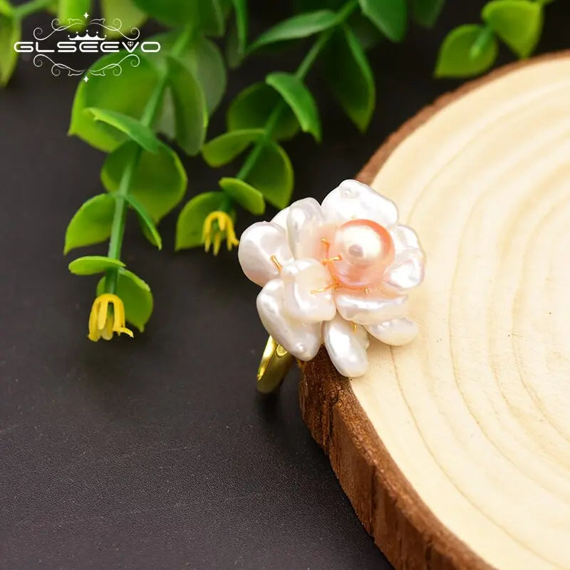 Baroque Pink Pearl Flower Ring for Women | 925 Sterling Silver Adjustable Band eprolo