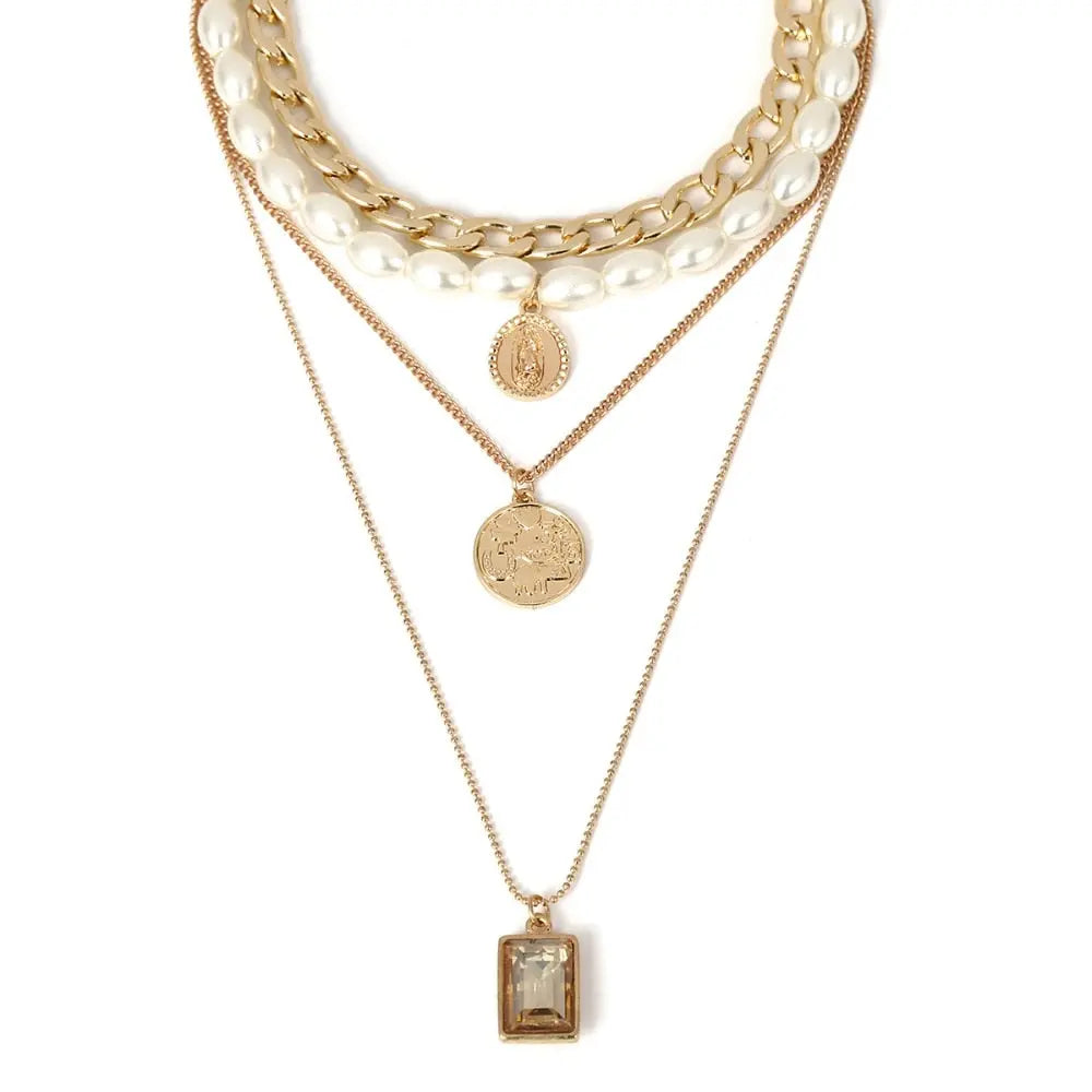 Gold Layered Pearl Choker & Coin Pendant Necklace Set eprolo