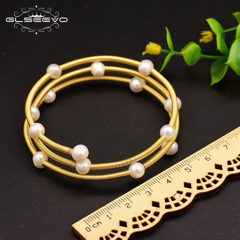 Freshwater Pearl Bangle Bracelet for Women | Handcrafted Multi-Layer Adjustable Sterling Silver eprolo