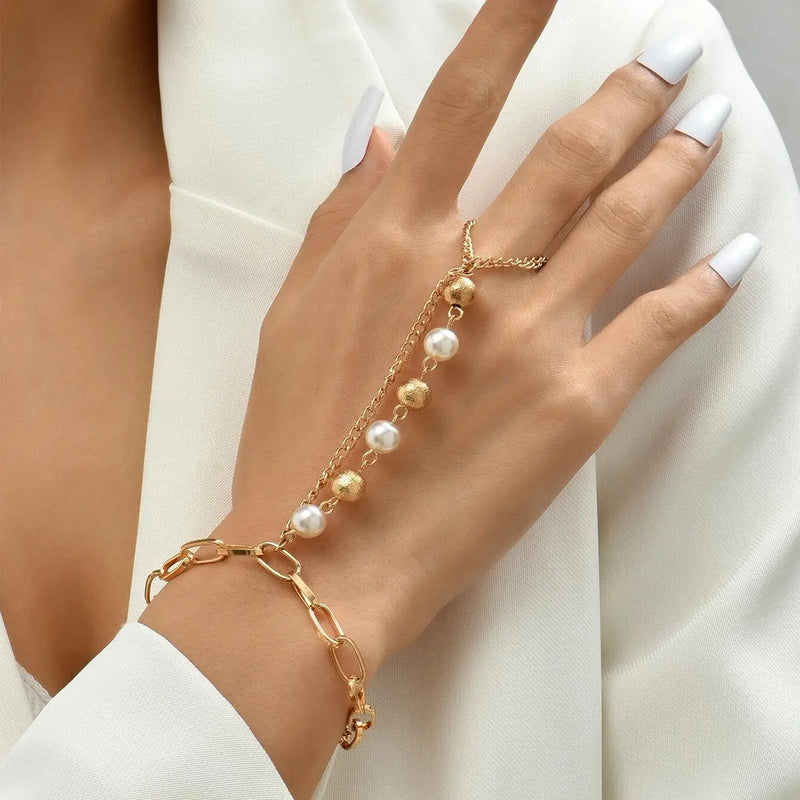 Elegant Gold Pearl Hand Chain Bracelet - Finger Ring Slave Bracelet for Women eprolo