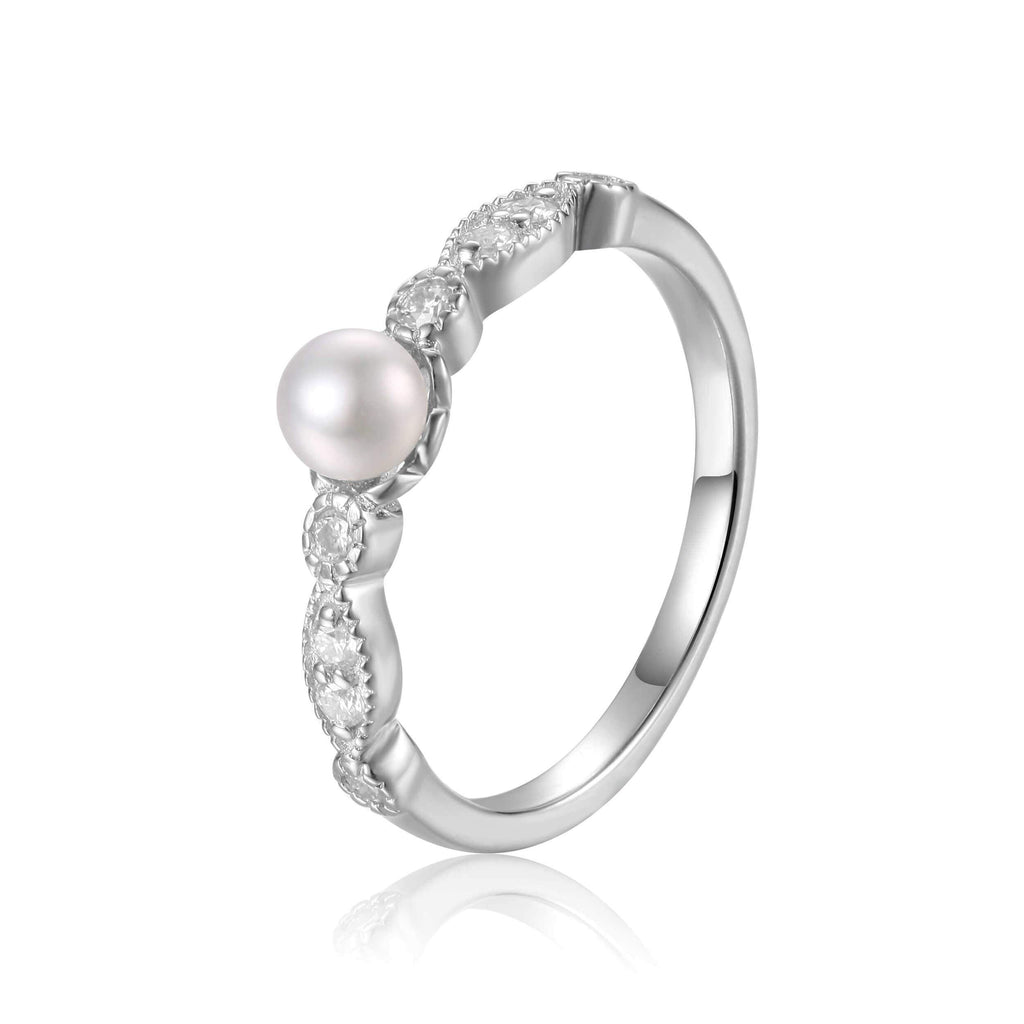 Rhodium Plated Sterling Silver Pearl Round Solitaire Ring