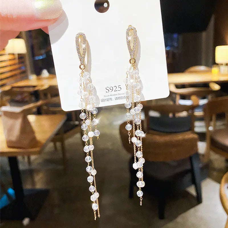 French Long Pearl Tassel Earrings - S925 Silver Needle Crystal Drop Earrings eprolo