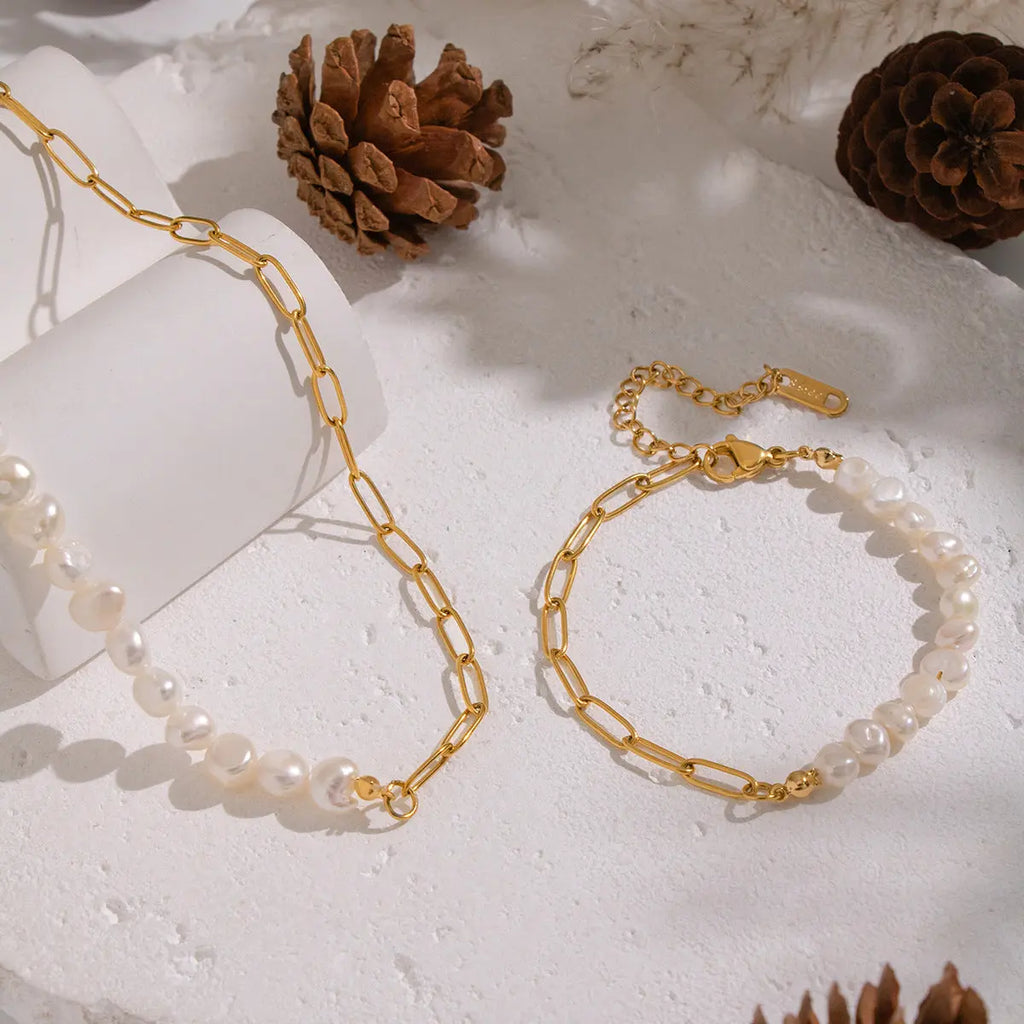 Gold Plated Paperclip Chain and Pearl Necklace and Bracelet Set on Stone