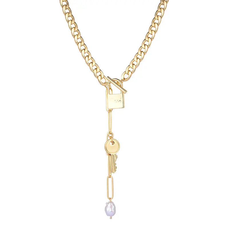 Baroque Pearl Toggle Lariat Necklace - Lock & Key Pendant (Gold-Tone) eprolo